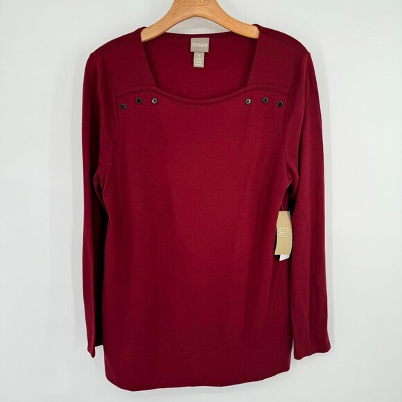 Chicos 1 Womens top Red Long Sleeve Button destail Size medium knit long sleeve - Picture 3 of 12